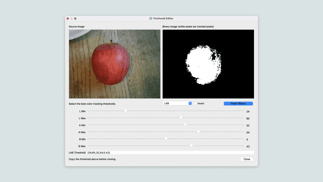 LAB thresholds for an apple in the Threshold Editor