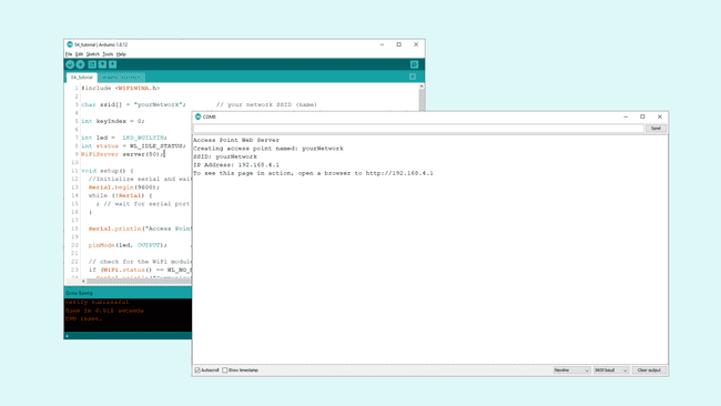 Serial Monitor output of board's IP address.