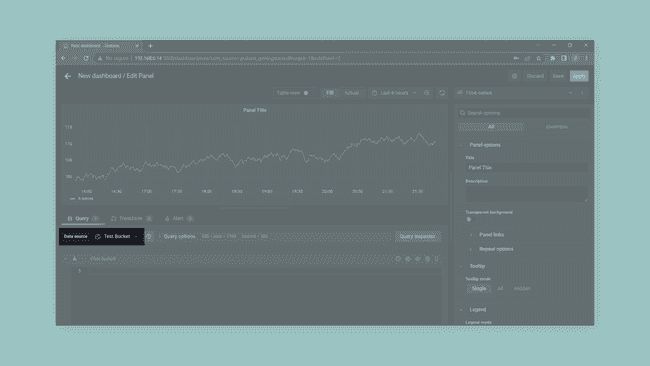 Setting up a dashboard in Grafana via its GUI.