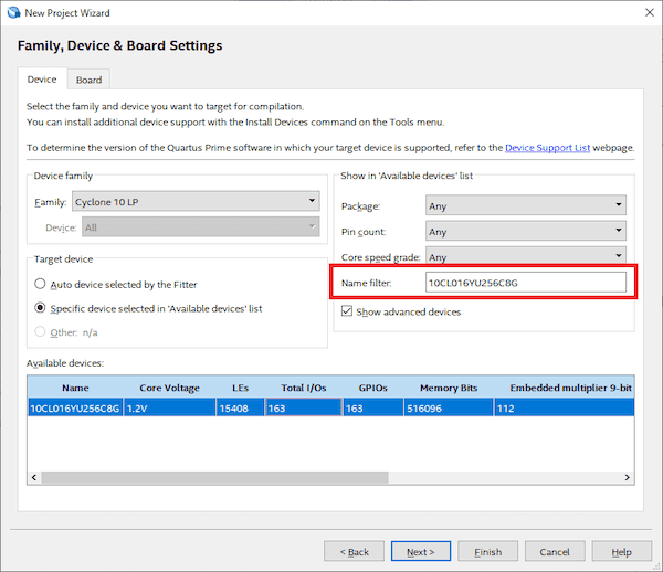 Select the FPGA you're using.