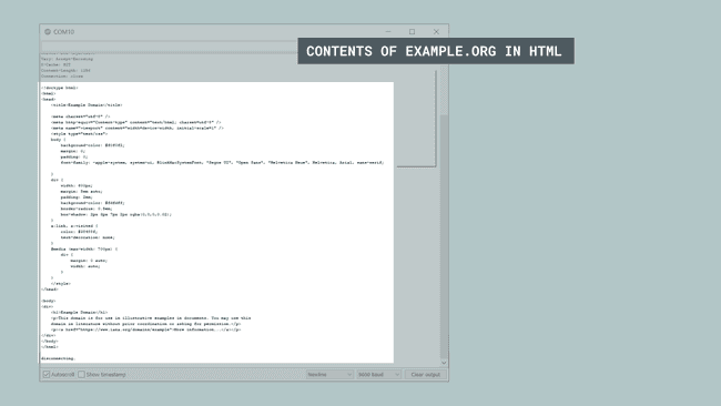 The HTML content of example.org printed in the Serial Monitor.