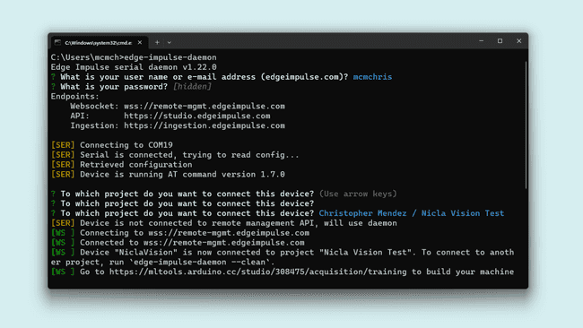 Nicla Vision correctly connected to ML Tools