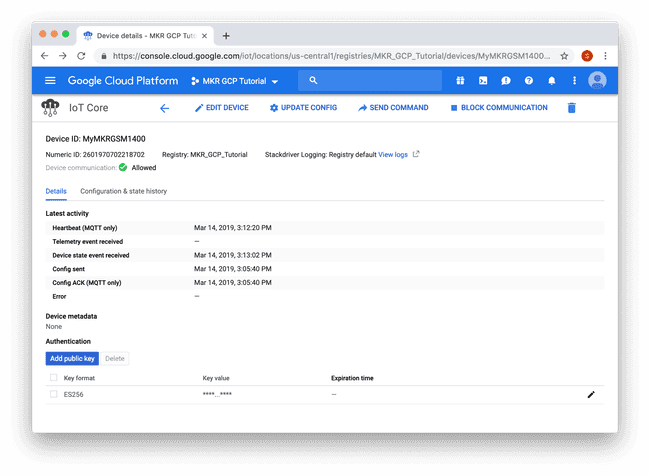 In the device page in GCP IoT Core console, click the "SEND COMMAND" button.